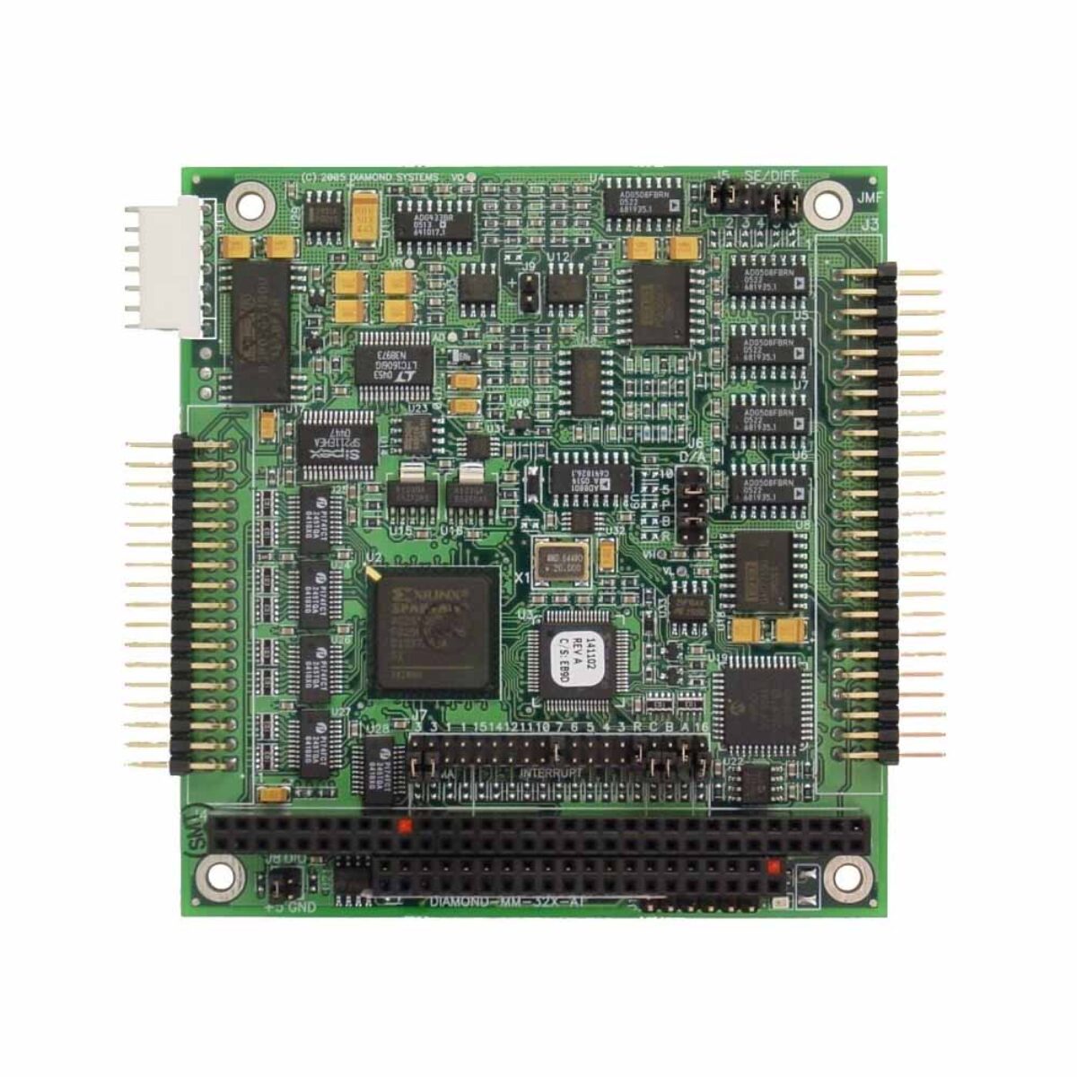 Diamond Systems DMM-32X-AT PC/104 analog I/O module, top view with ISA stack connector, two I/O headers and jumpers