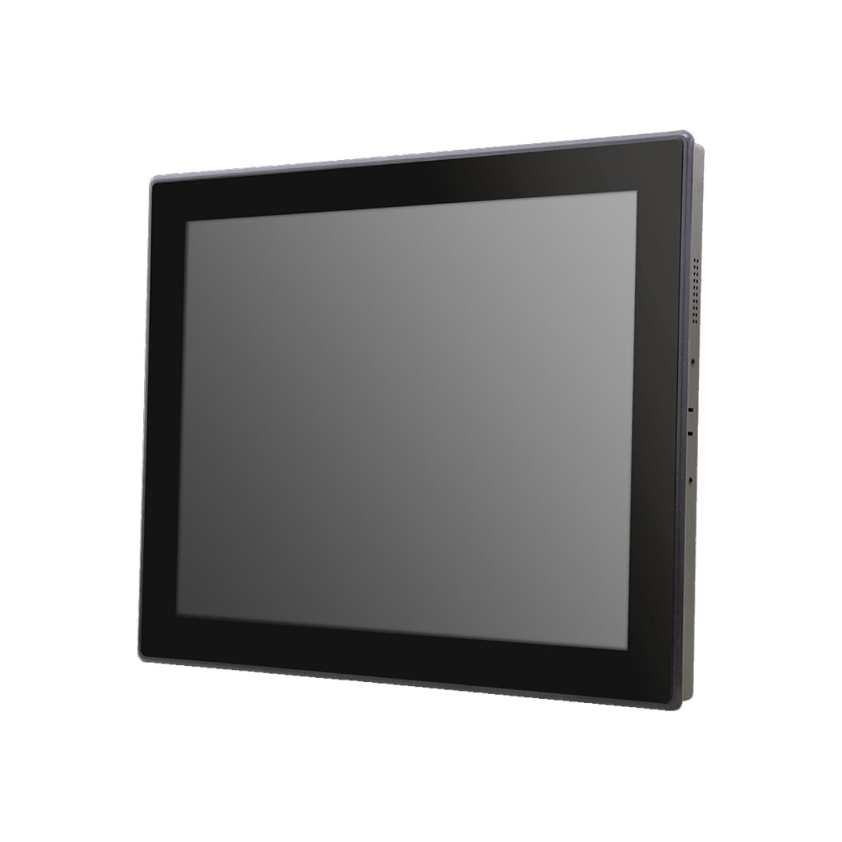 Arestech DM-110P/VM-2100 modular touch monitor, front three-quarter view of flat black bezel and screen