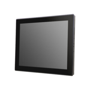 Arestech DM-119P/VM-2100 modular touch monitor, front three-quarter view of flat black bezel and screen