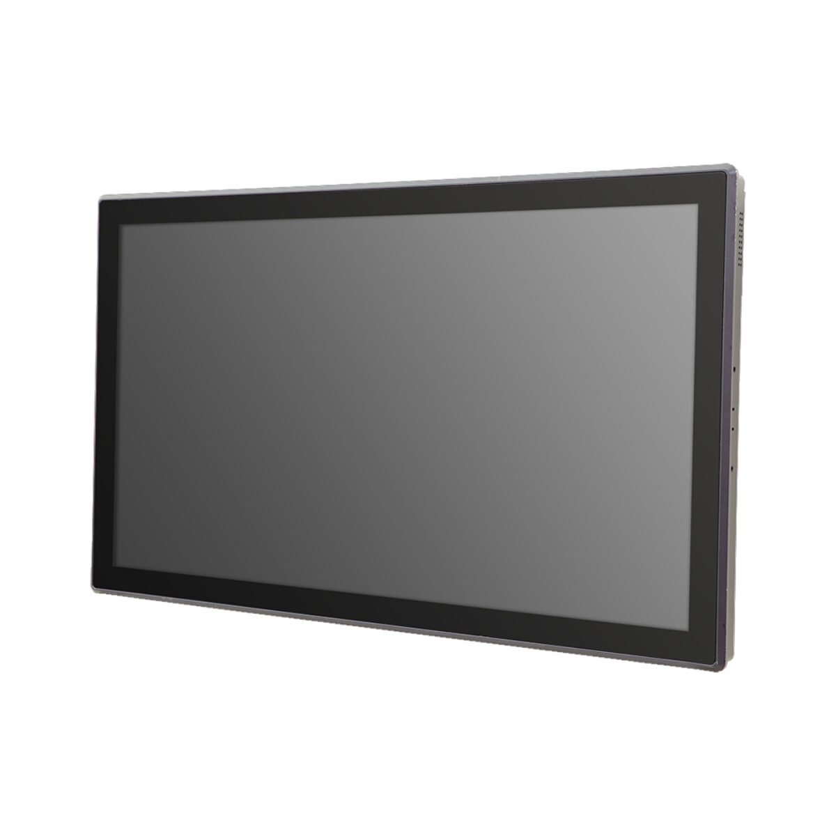 Arestech DM-124PW/VM-2100 modular touch monitor, front three-quarter view of widescreen flat black bezel