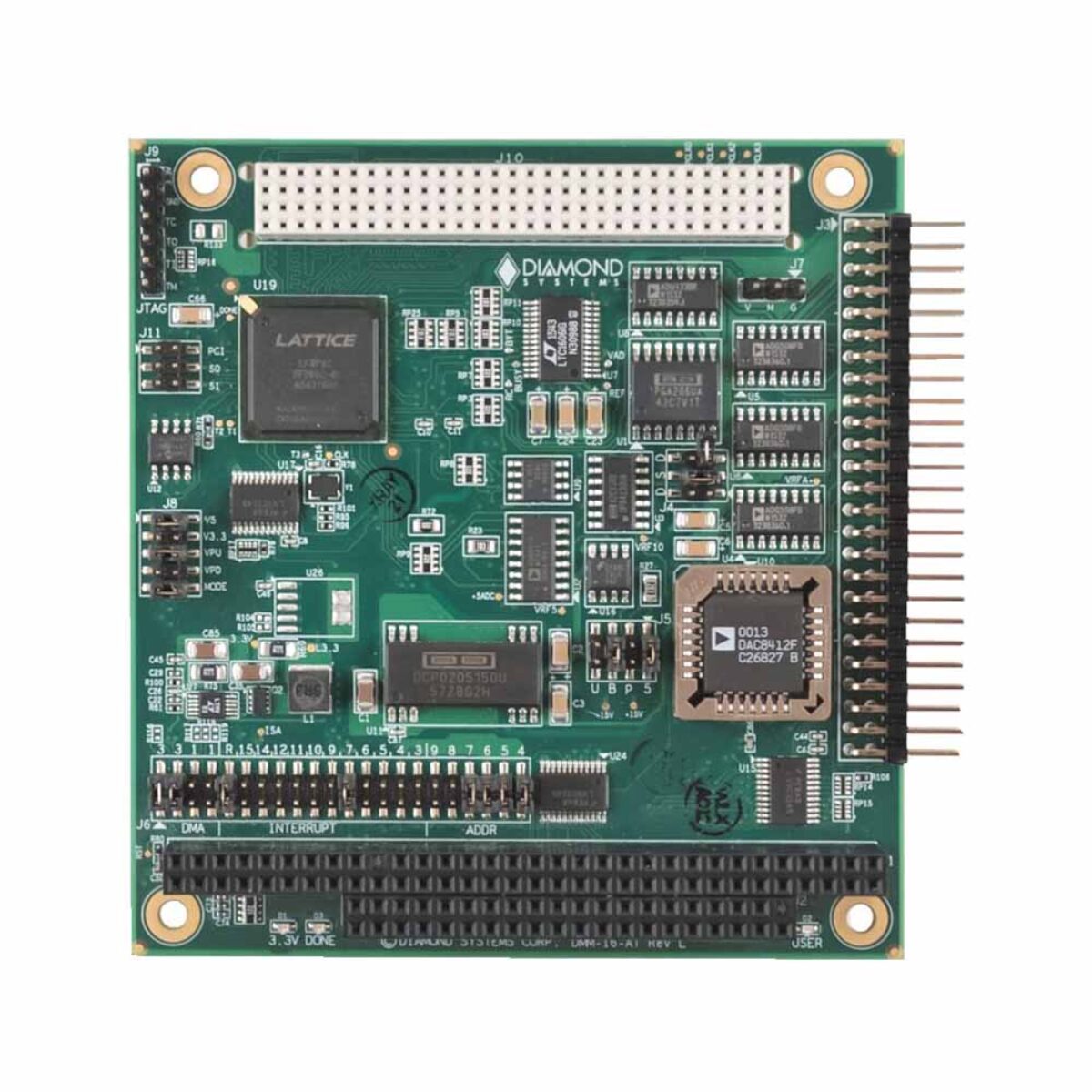 Diamond Systems DMM-16RP-AT PC/104-Plus analog I/O module, top view with PCI and ISA stack connectors and I/O header