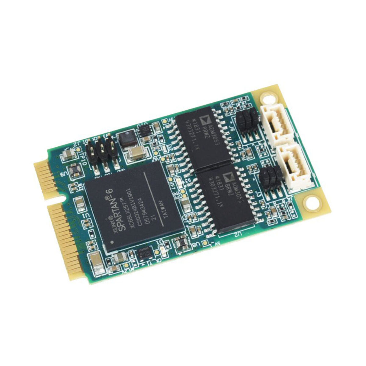 Diamond Systems DS-MPE-CAN2L PCIe MiniCard CAN module, angled view with two latching CAN connectors and jumpers