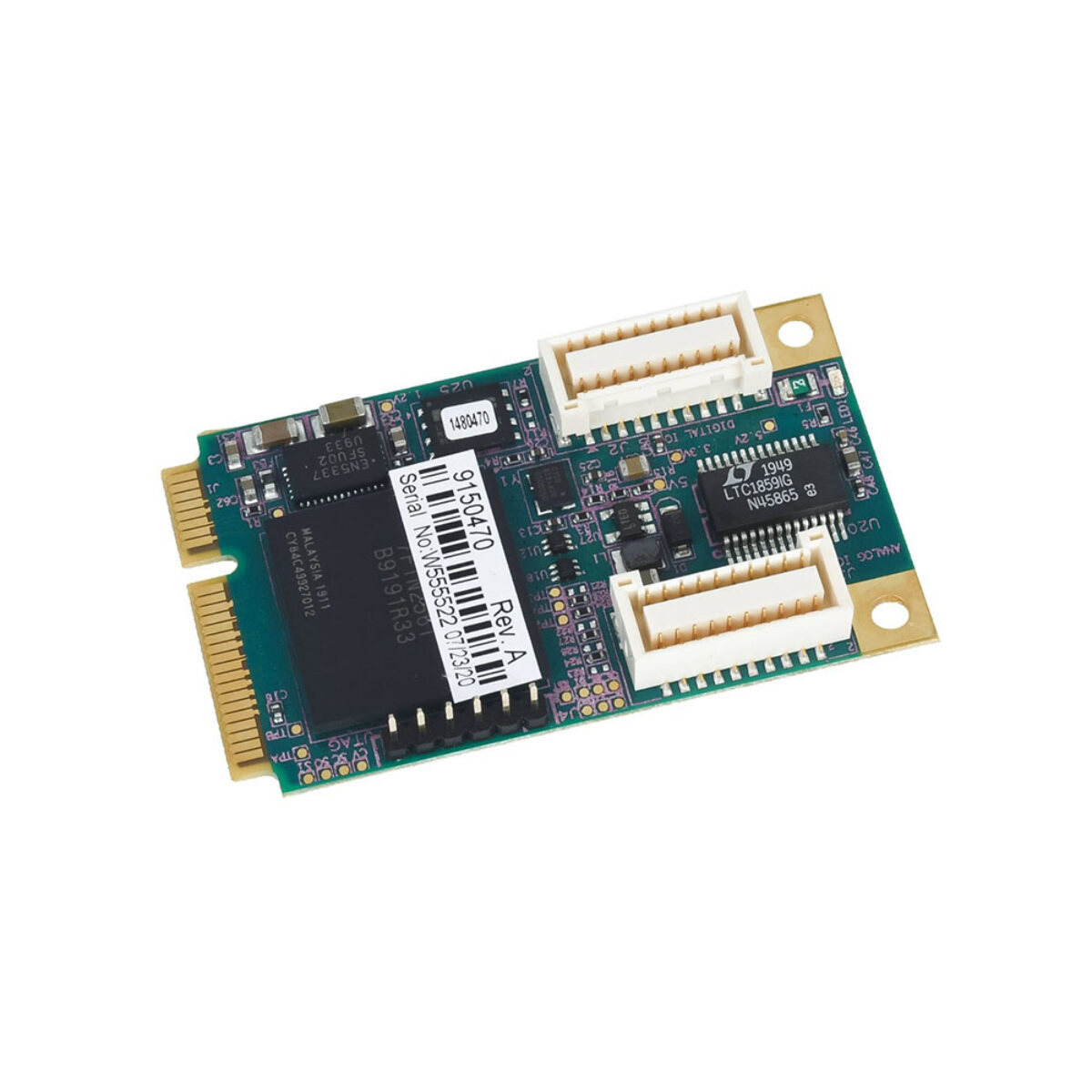 Diamond Systems DS-MPE-DAQ0804 PCIe MiniCard analog and digital I/O module, angled view with two latching I/O connectors