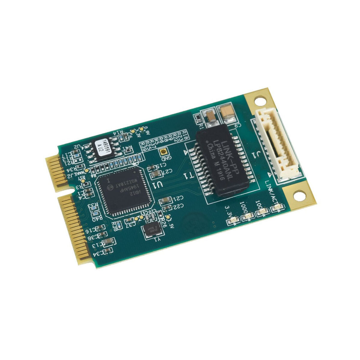 Diamond Systems DS-MPE-GE210 PCIe MiniCard Gigabit Ethernet module, angled view with latching Ethernet connector and LEDs