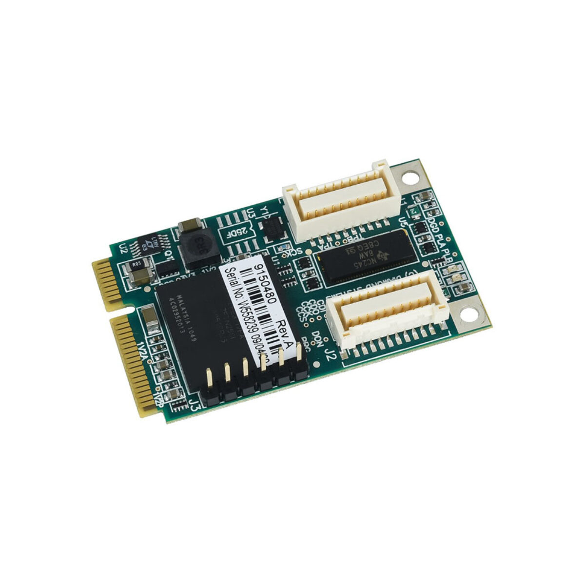 Diamond Systems DS-MPE-GPIO PCIe MiniCard digital I/O module, angled view with two latching I/O connectors and pin header