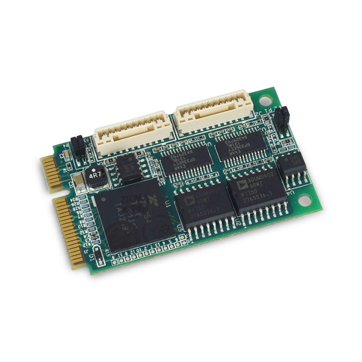 Diamond Systems DS-MPE-SER4OPT PCIe MiniCard optoisolated serial module, angled view with two latching port connectors