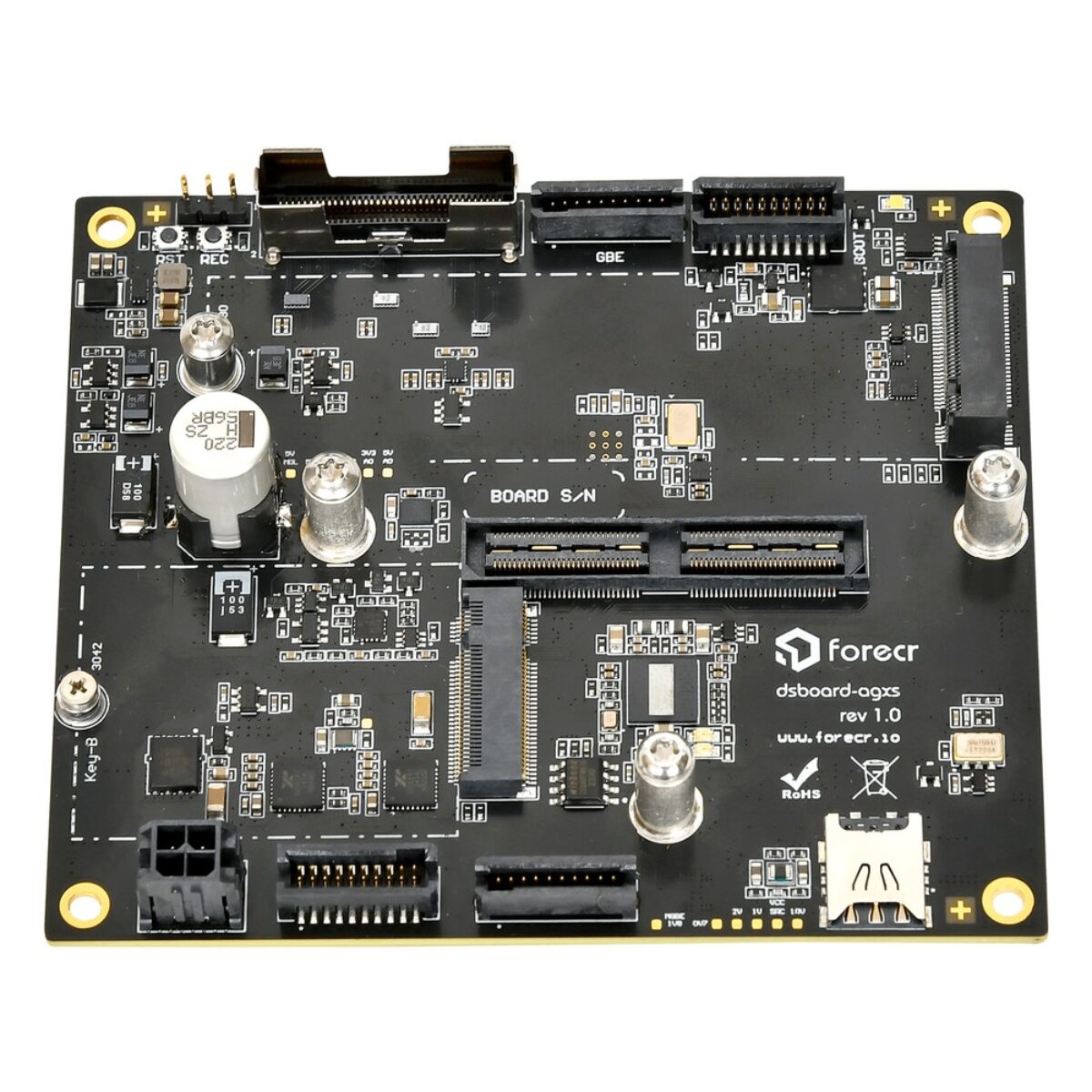 Forecr DSBOARD-AGXS compact carrier board, top view with the M.2 Key-M and Key-B sockets and locking headers