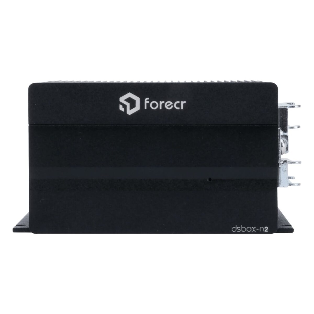 Forecr DSBOX-N2 fanless industrial box PC, side view of the black finned enclosure