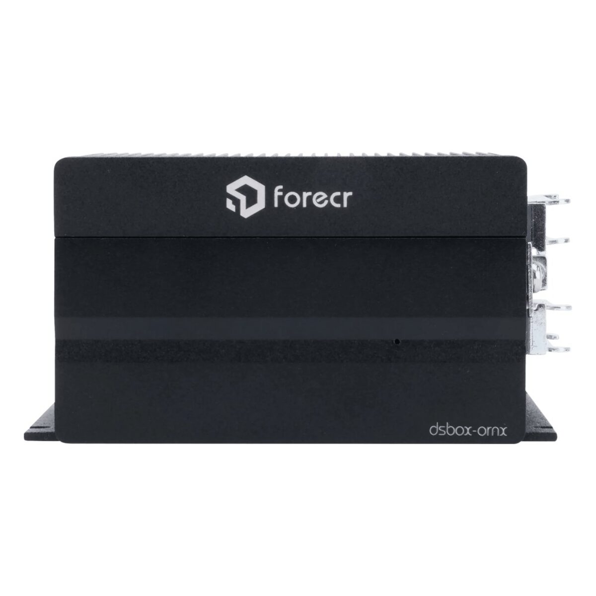 Forecr DSBOX-ORNX fanless embedded computer, side view of the black finned enclosure
