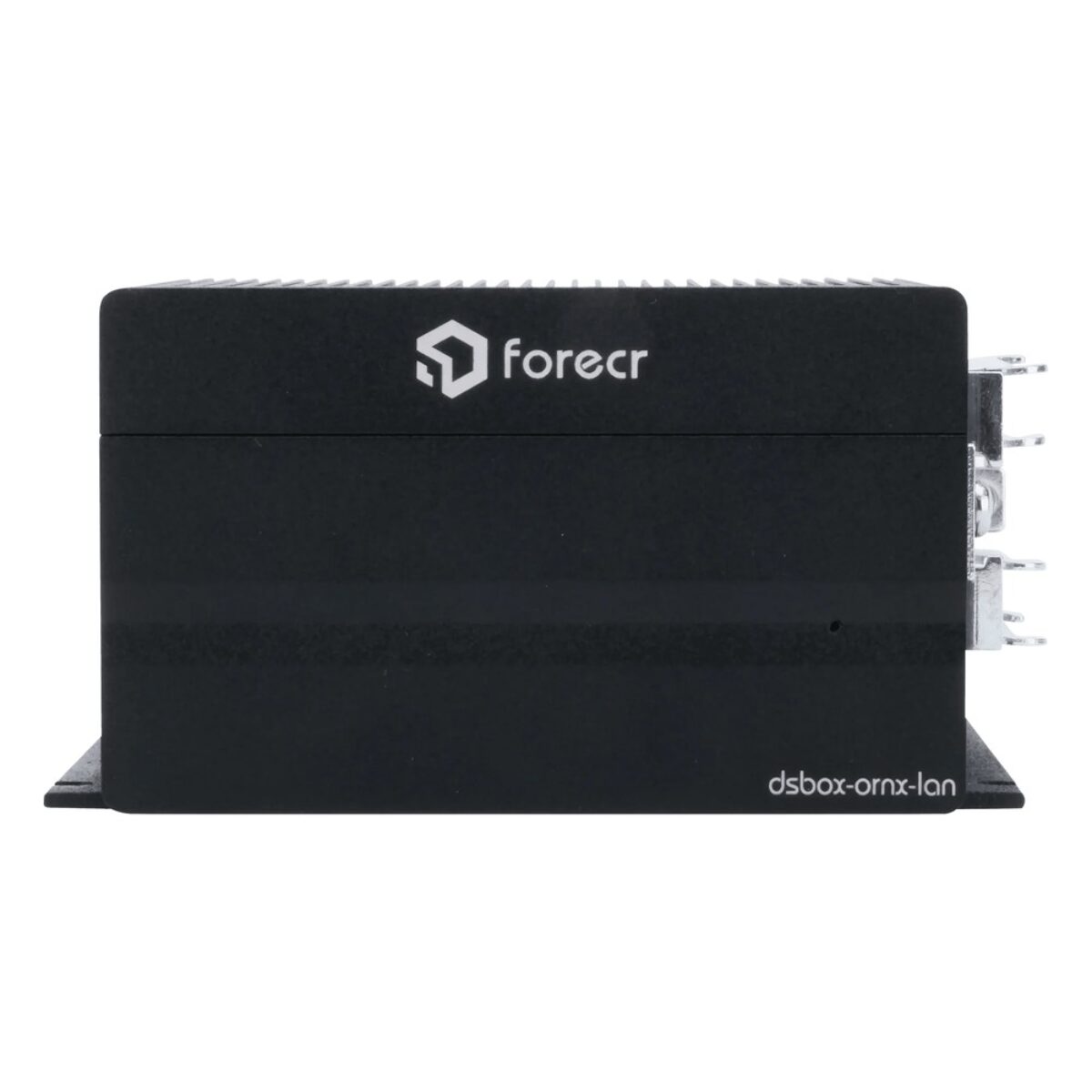 Forecr DSBOX-ORNX-LAN dual LAN industrial embedded computer, side view of the black finned enclosure