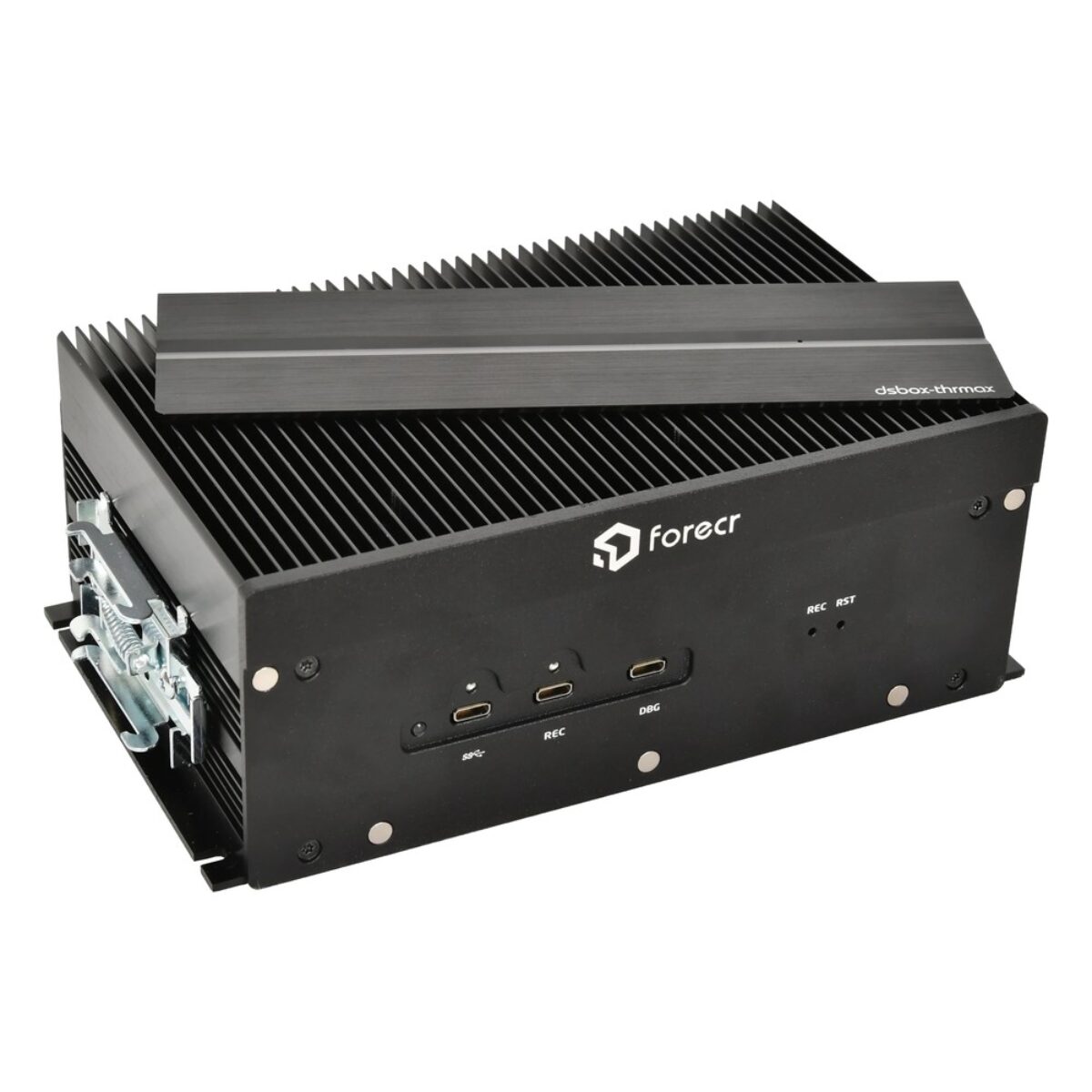Forecr DSBOX-THRMAX industrial box PC, angled view of the finned aluminum enclosure with DIN-rail clip
