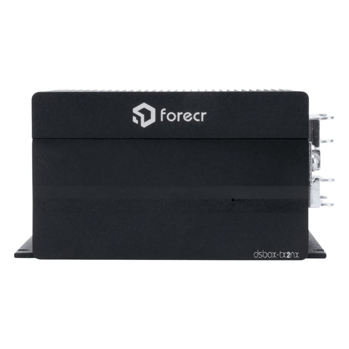 Forecr DSBOX-TX2NX fanless compact embedded computer, side view of the black finned enclosure