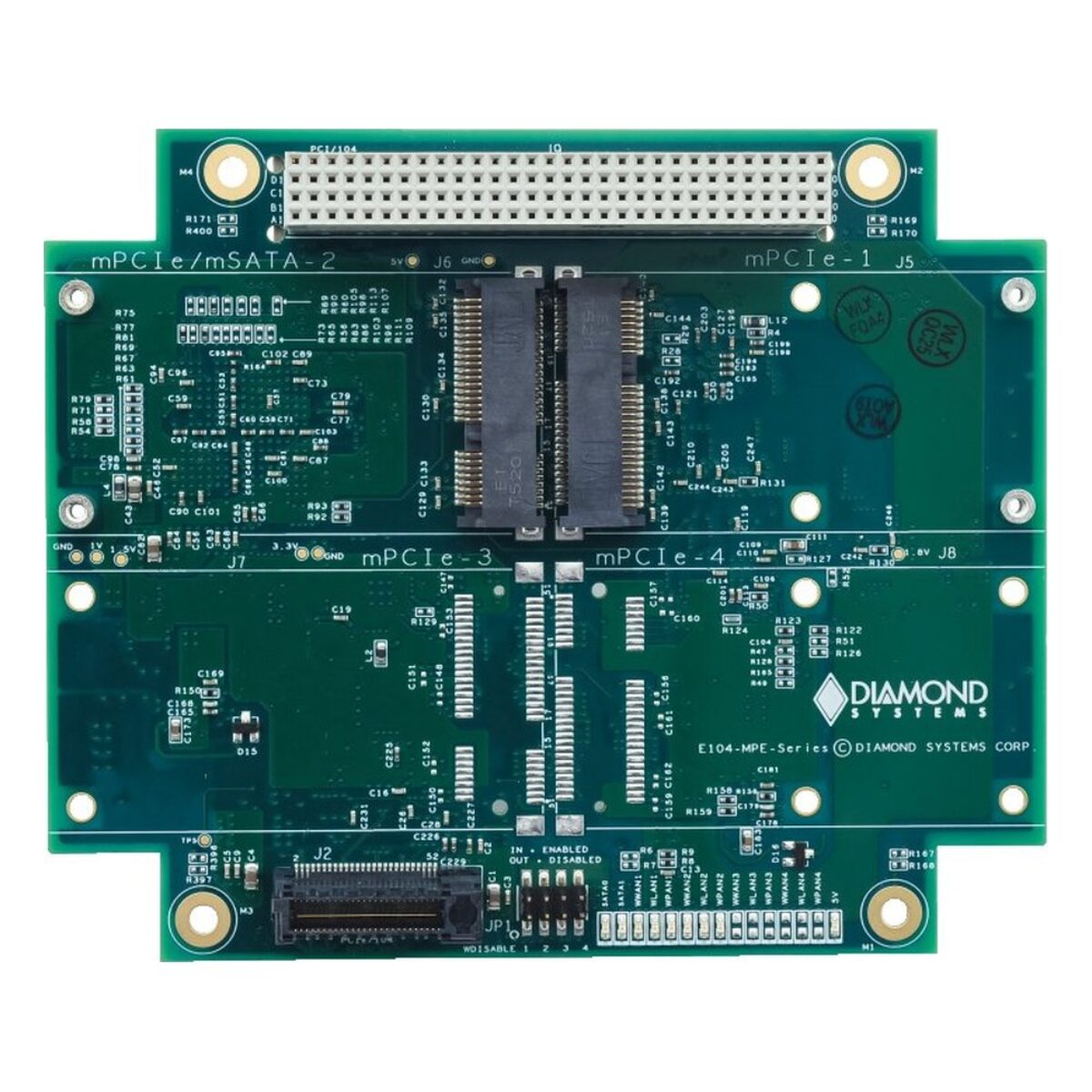 Diamond Systems E104-MPE PCI/104-Express MiniCard carrier board, two-socket version with mPCIe and mPCIe/mSATA sockets