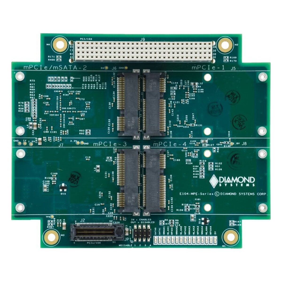 Diamond Systems E104-MPE PCI/104-Express MiniCard carrier board, four mPCIe sockets between PCI-104 and PCIe/104 connectors