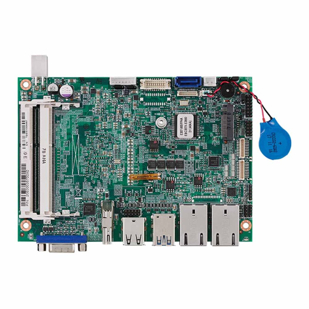Nexcom EBC 357X 3.5 inch SBC, top view with two SO-DIMM sockets, SATA connector and rear I/O