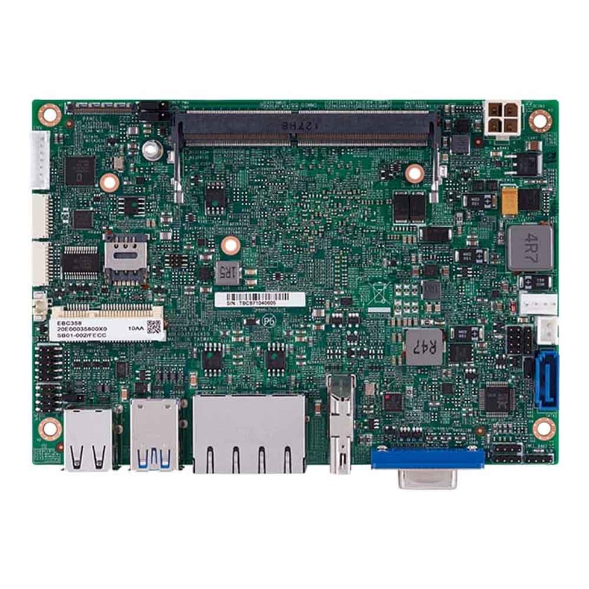 Nexcom EBC 358 3.5 inch SBC, top view with SO-DIMM socket, 4-pin power, SIM slot, VGA and two RJ45 ports