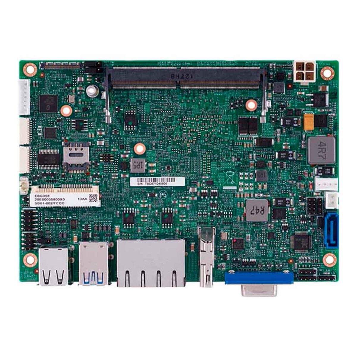 Nexcom EBC 358X 3.5 inch SBC, top view with SO-DIMM socket, 4-pin power, SIM slot, VGA and two RJ45 ports