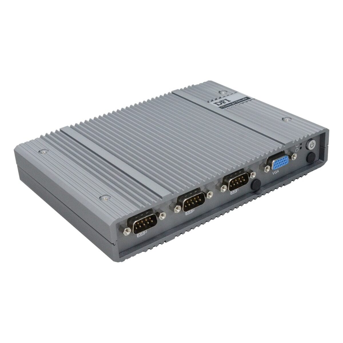 DFI EC700-ADN slim fanless embedded PC, angled view of the three COM ports and VGA