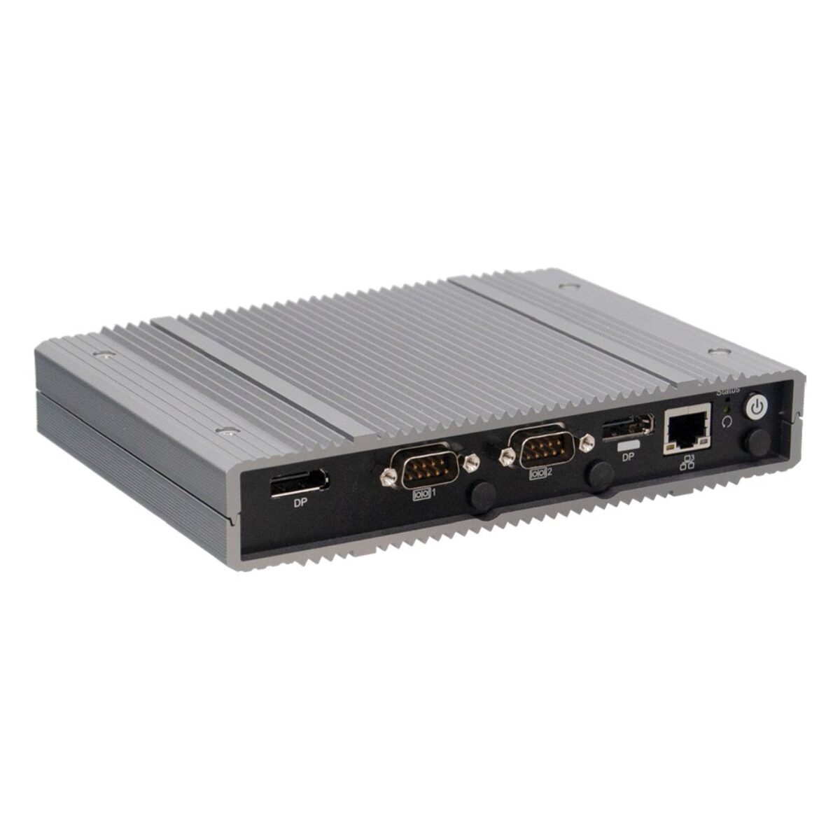 DFI EC700-AL fanless embedded PC, angled view with two DisplayPort, two COM and LAN on the front