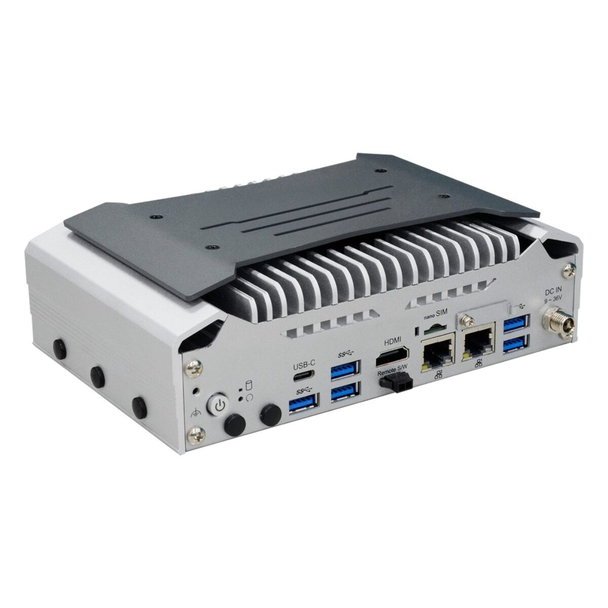 DFI EC70A-MTH fanless embedded PC, angled view with USB-C, USB, HDMI and dual LAN