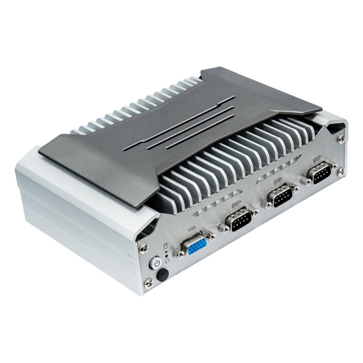 DFI EC70A-TGU fanless embedded PC, angled view with VGA and four COM ports
