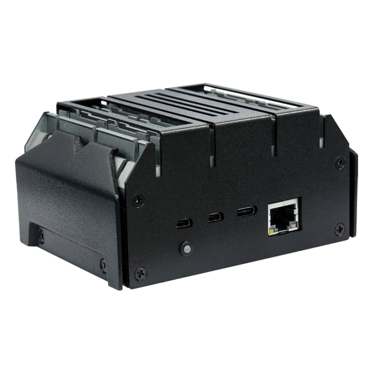 DFI EC90A-GH ultra compact fanless PC, angled view with three small display and USB-C ports and LAN