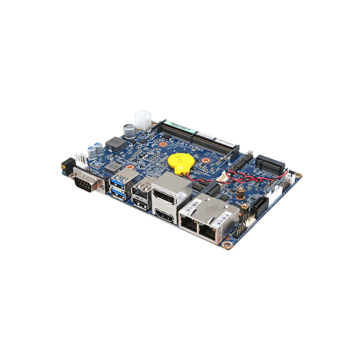 Avalue ECM-EHL 3.5" SBC, angled top view with COM, USB, HDMI, DisplayPort and dual LAN ports