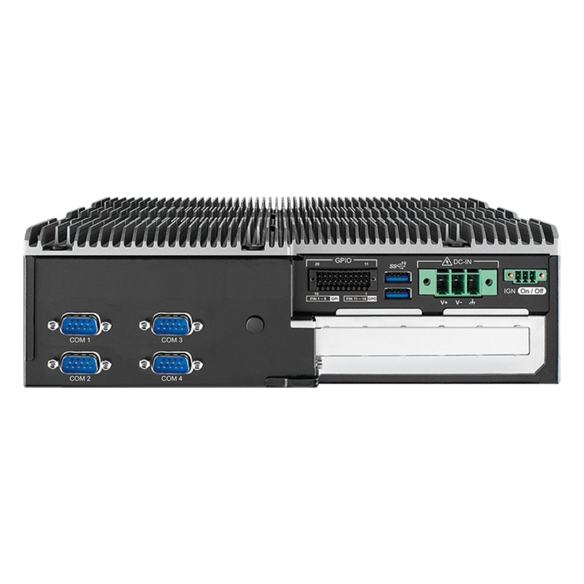 Vecow ECX-3100 fanless industrial computer, front view with COM ports, terminal blocks and front-access SSD trays