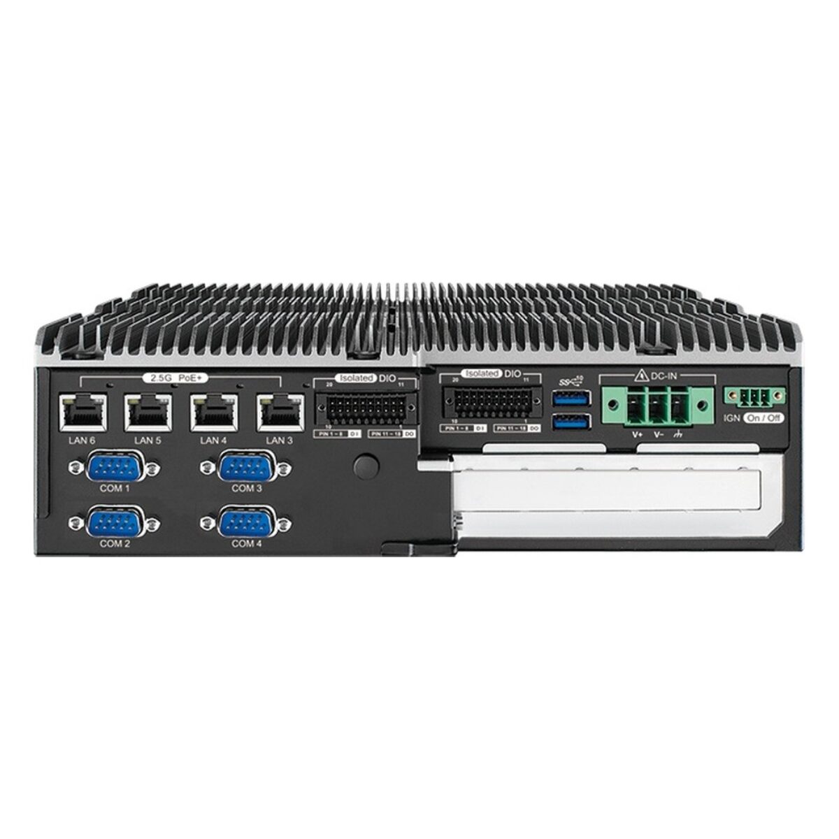 Vecow ECX-3200 fanless industrial computer, front view with four 2.5GbE PoE+ ports, COM ports and SSD trays