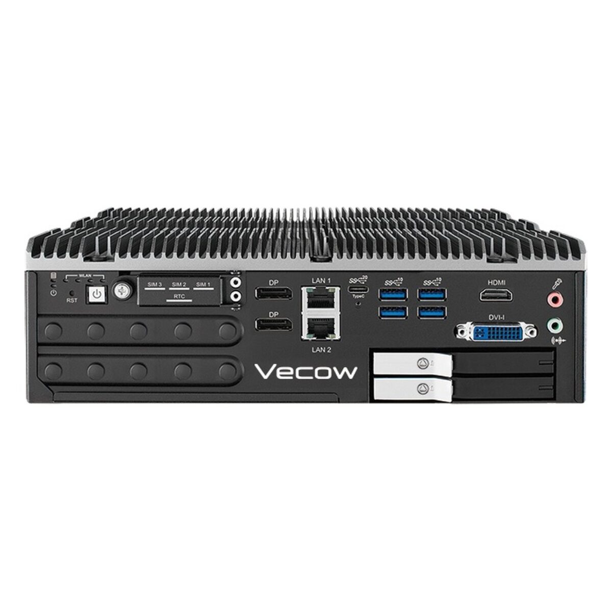 Vecow ECX-3200MX rear panel with USB, LAN, DVI, DisplayPort and HDMI outputs