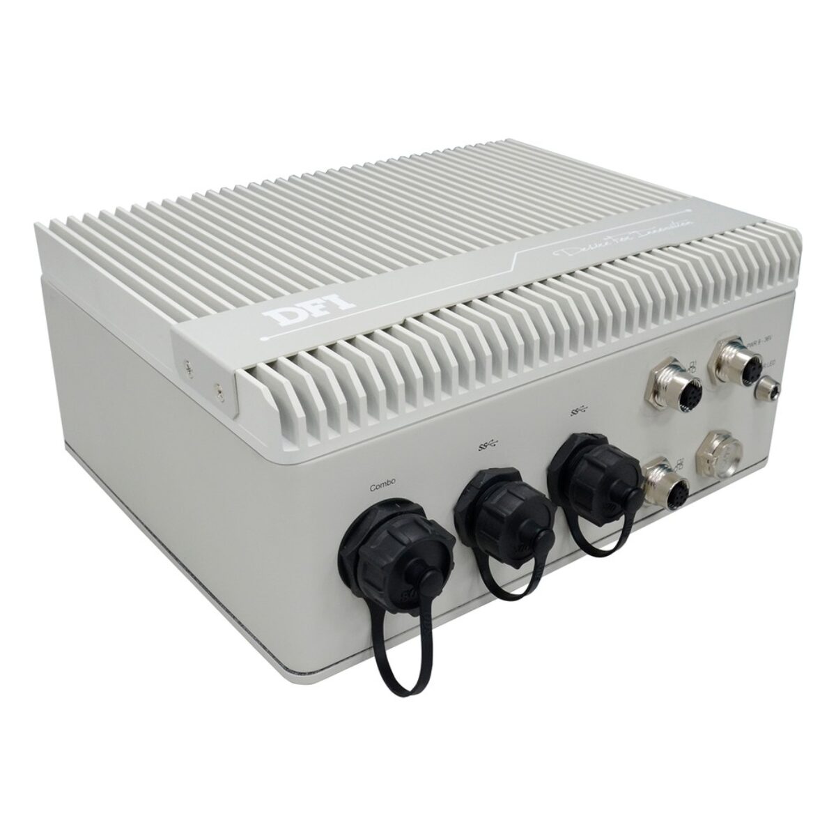 DFI ECX700-ADP IP67 rugged fanless PC, angled view with sealed combo, USB and M12 connectors