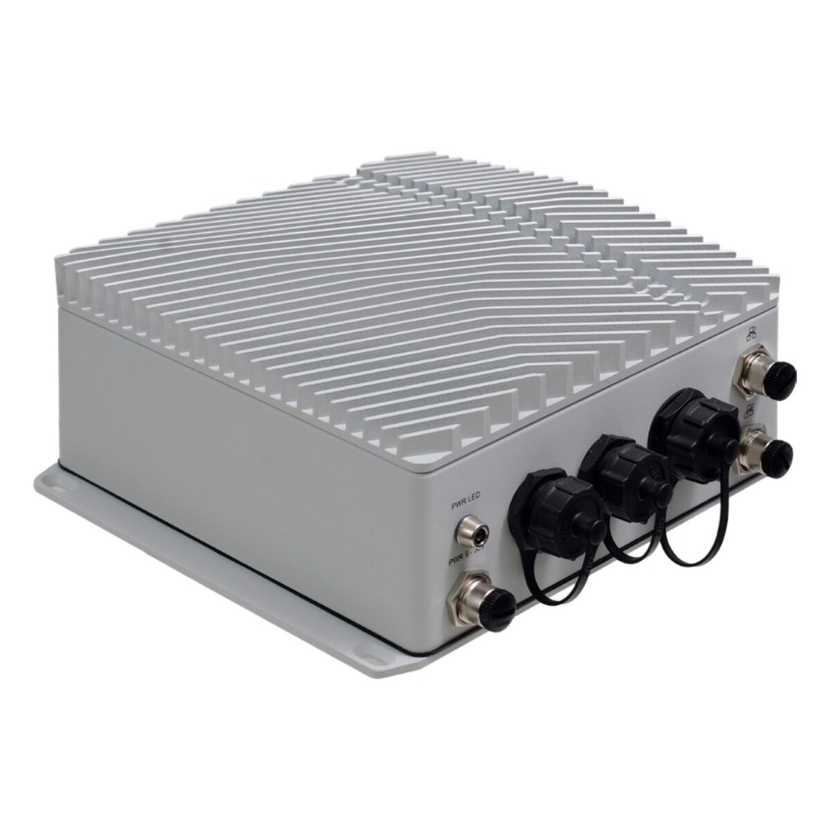 DFI ECX700-AL IP67 rugged fanless PC, angled view with sealed connectors and M12 LAN