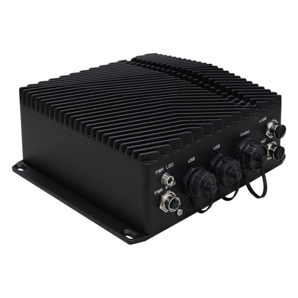 DFI ECX700-ASL IP67 rugged fanless PC, angled view with sealed USB, combo and M12 LAN