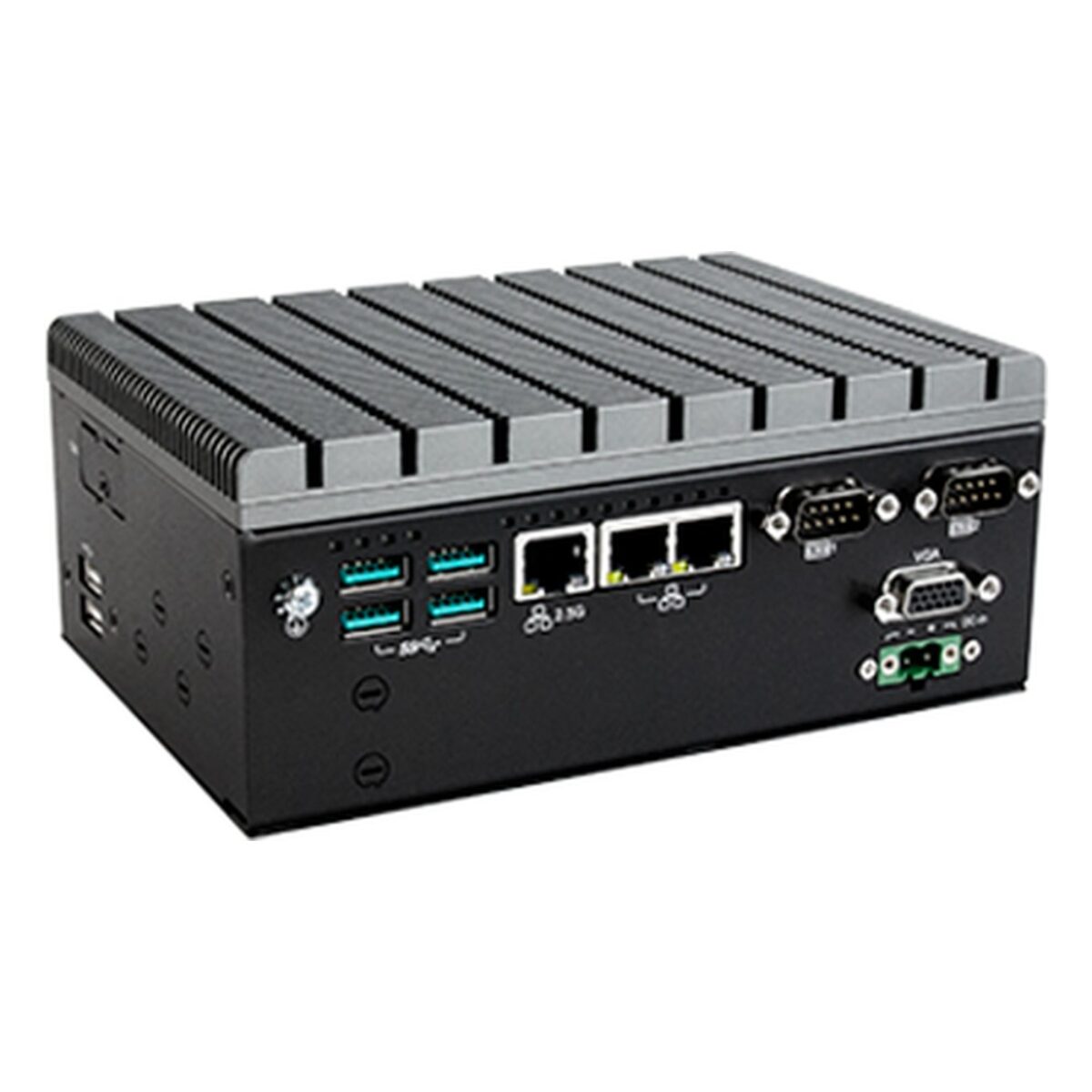 DFI ED700-EHL fanless embedded PC, angled view with USB, three LAN, COM and VGA