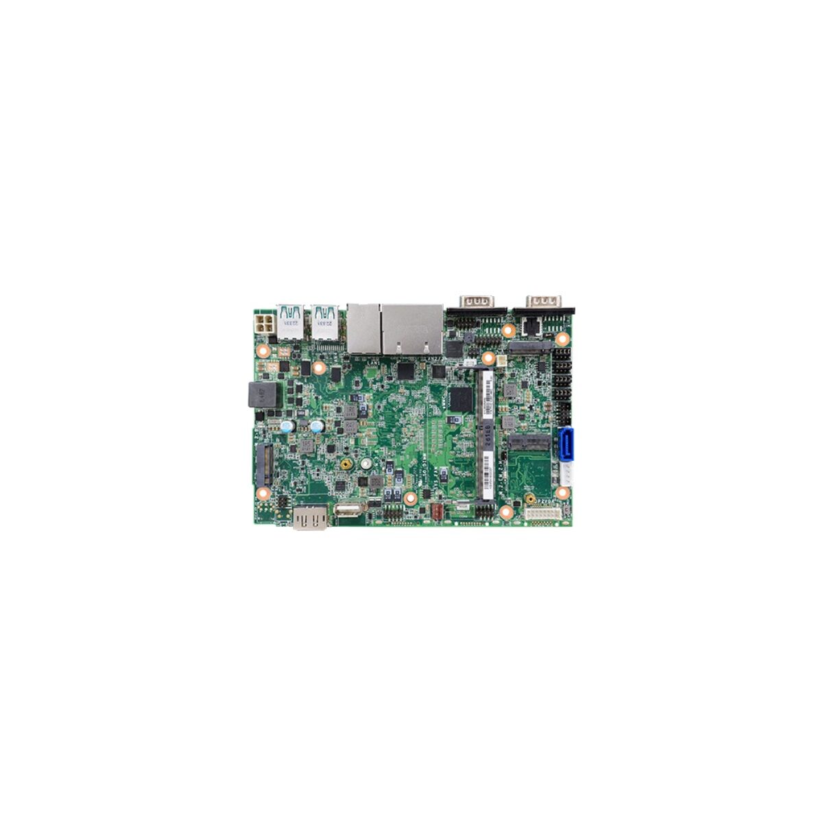 DFI EHL253 4" SBC, top view with USB, RJ45 ports, two DB9 COM ports, SO-DIMM slot, M.2 slots and SATA