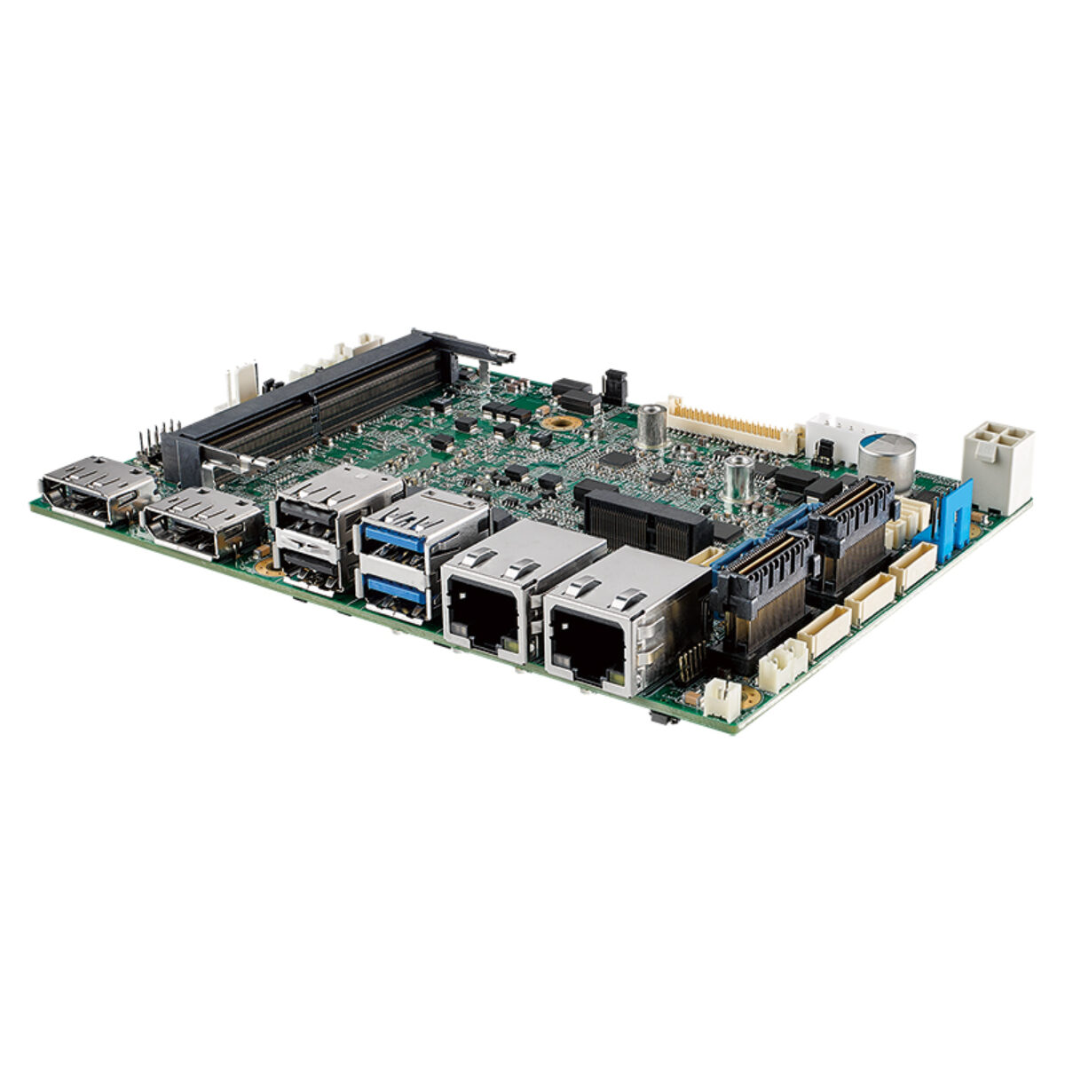 Vecow EMBC-5000 3.5" SBC, angled view with two DisplayPort, four USB and two RJ45 ports on the front edge