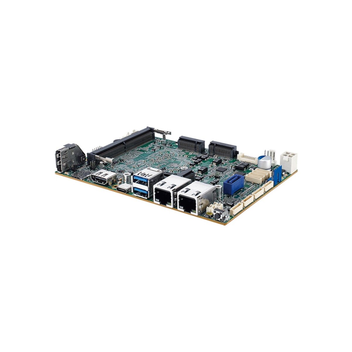 Vecow EMBC-7000 3.5" SBC, angled view with HDMI, USB Type-C, two USB Type-A and two RJ45 ports