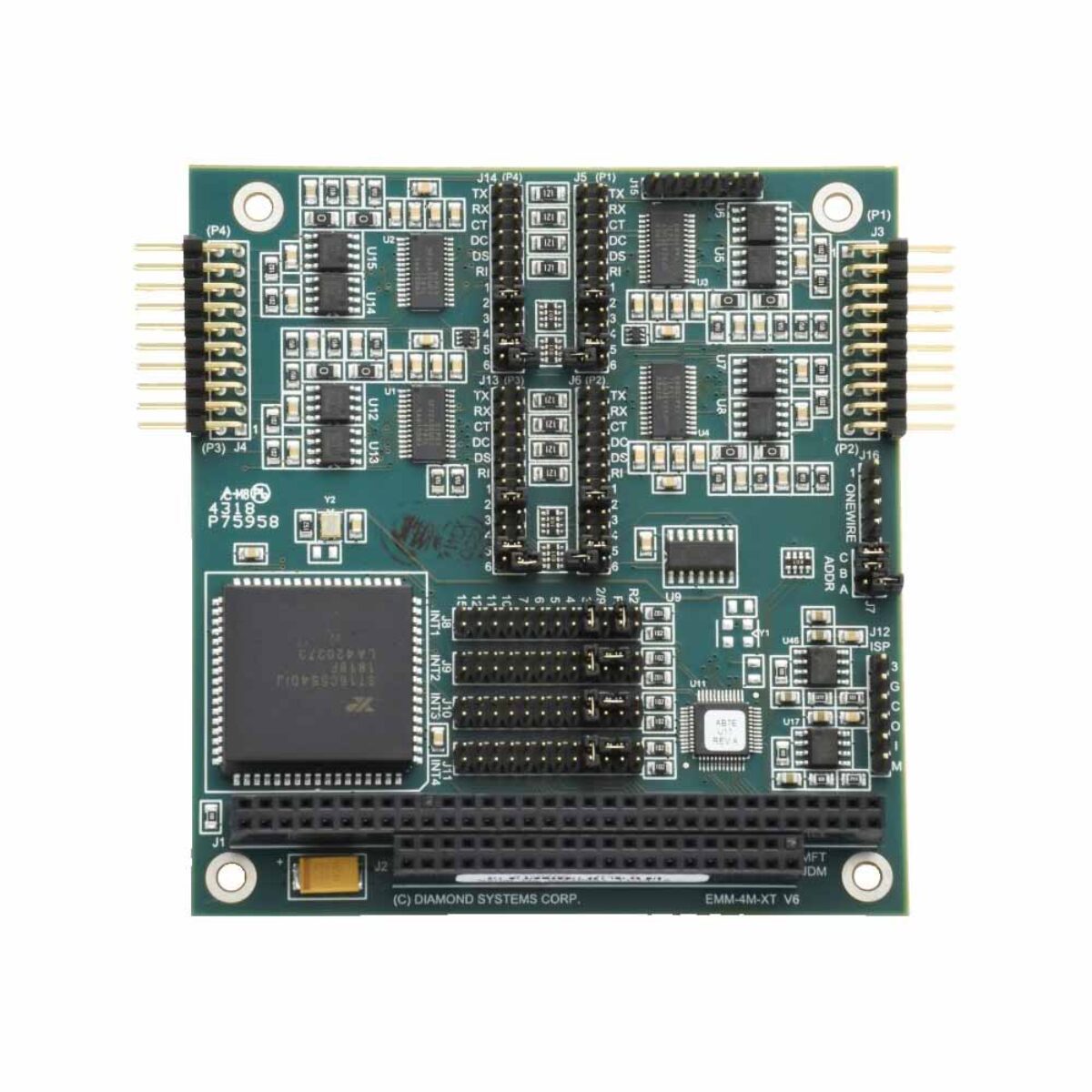 Diamond Systems EMERALD-MM-4M PC/104 serial port module, top view with four serial port headers and ISA stack connector