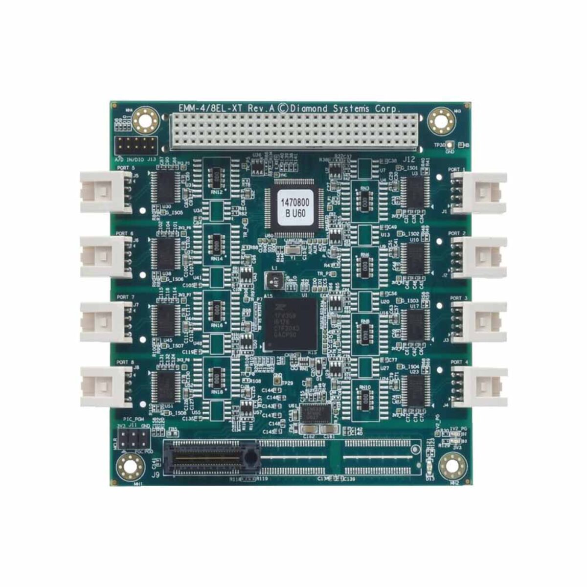 Diamond Systems EMERALD-MM-8E/EL PCI/104-Express serial module, top view of the eight-port build with port connectors