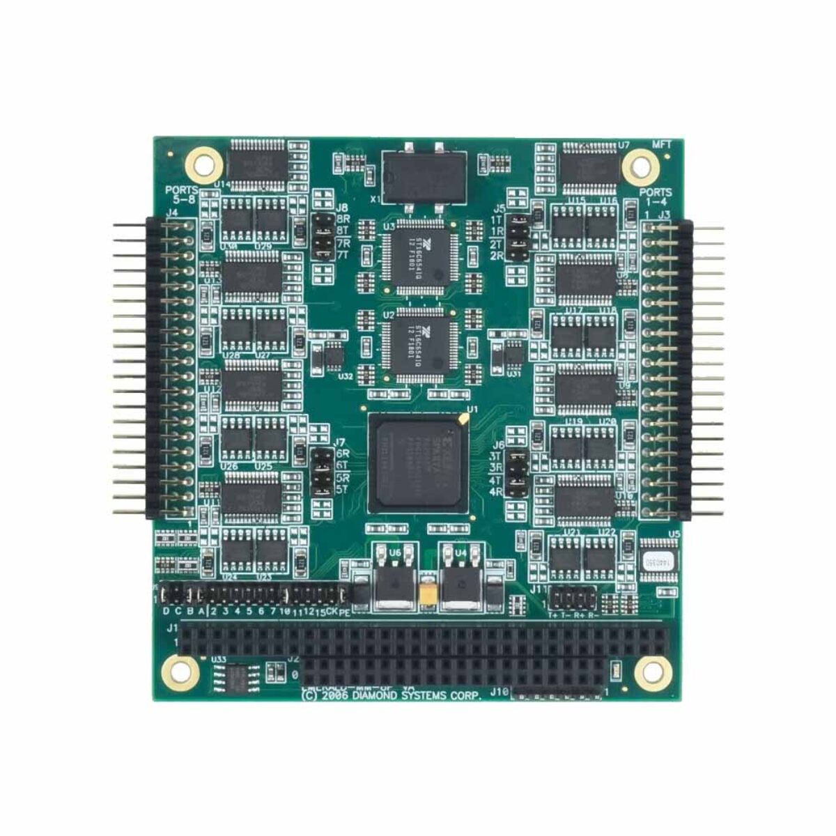 Diamond Systems EMERALD-MM-8PL-XT PC/104 serial port module, top view with two serial I/O headers and ISA stack connector