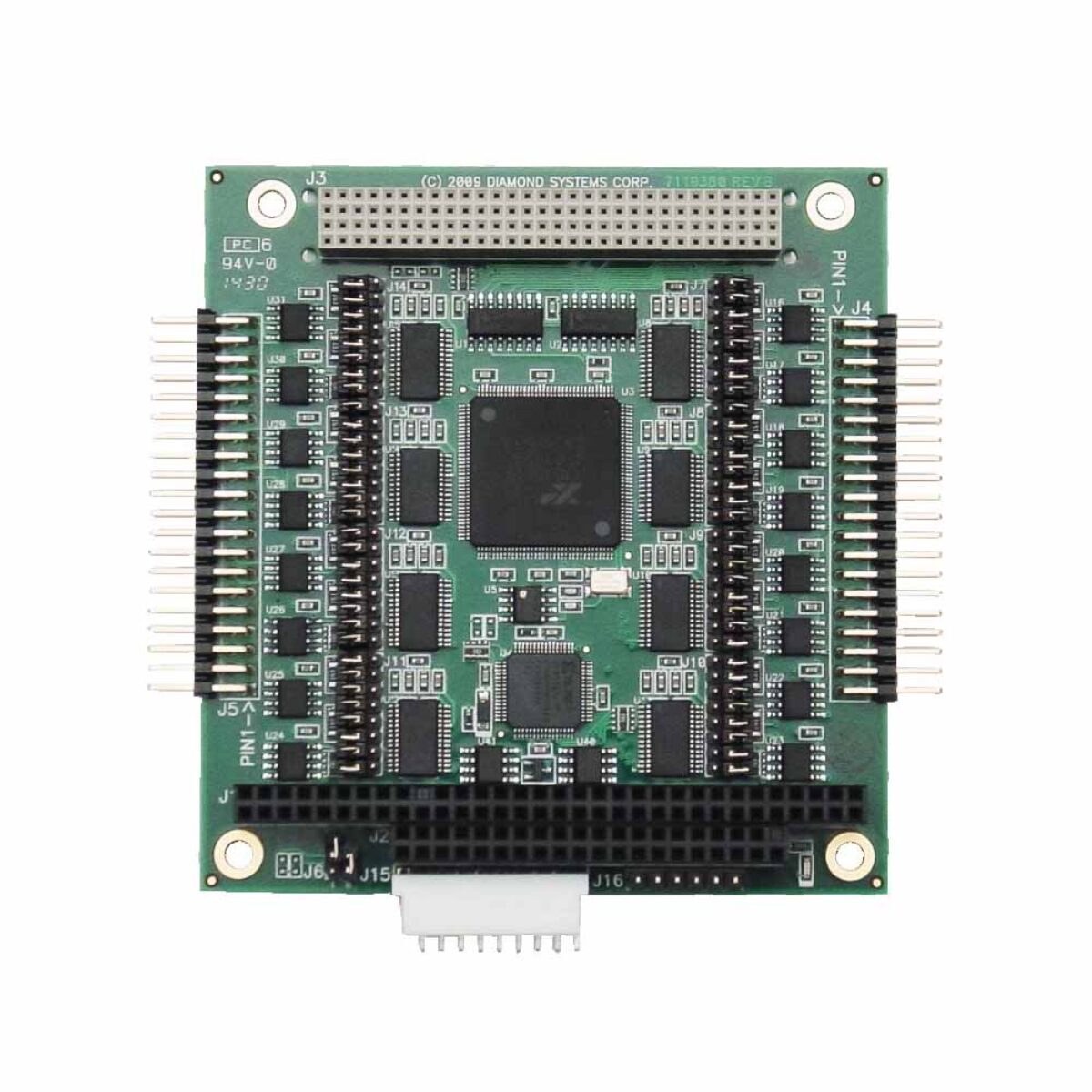 Diamond Systems EMERALD-MM-8PLUS PC/104-Plus serial port module, top view with two serial I/O headers and PCI connector
