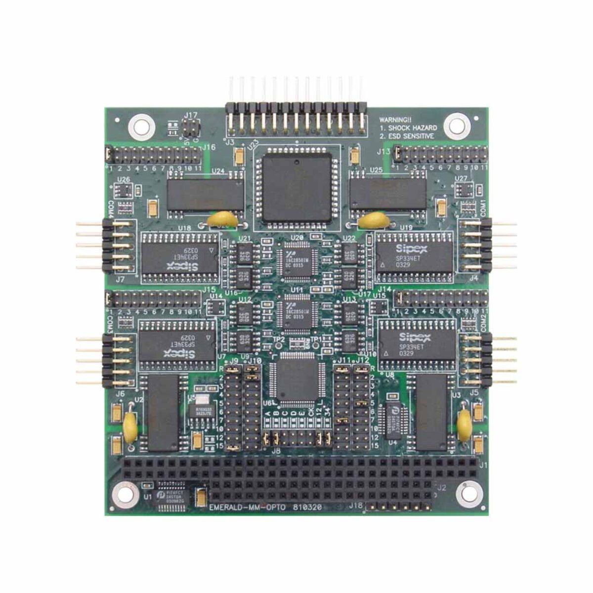 Diamond Systems EMERALD-MM-OPTO PC/104 optoisolated serial module, top view with four COM headers and ISA stack connector