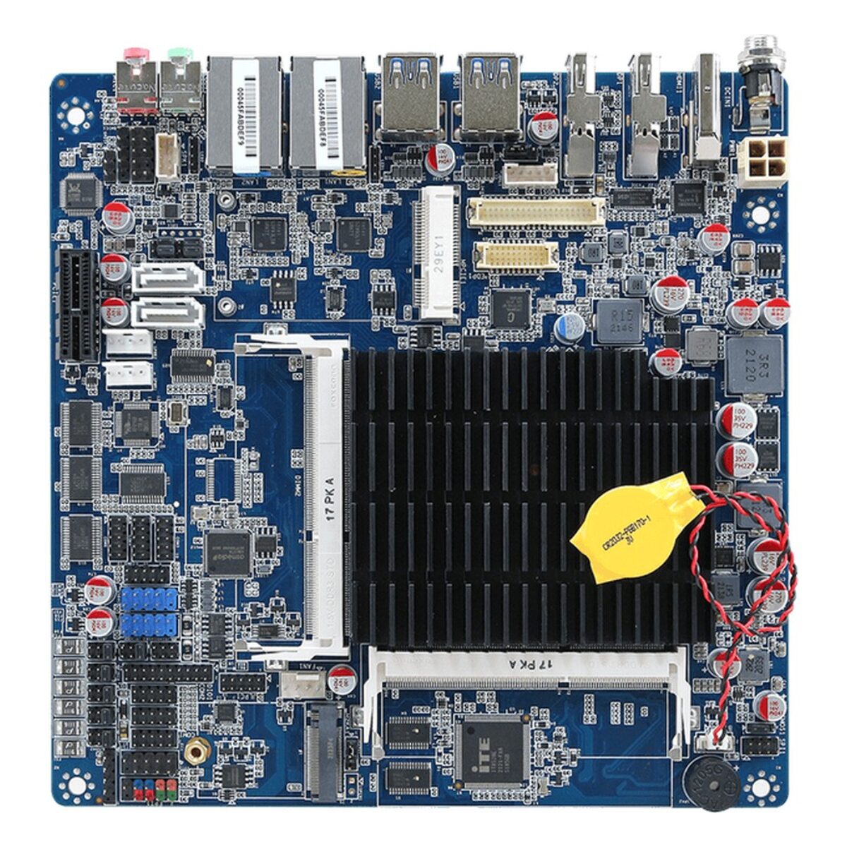 Avalue EMX-APLP Thin Mini-ITX motherboard, top side with passive heatsink, two SO-DIMM slots, PCIe slot and dual SATA