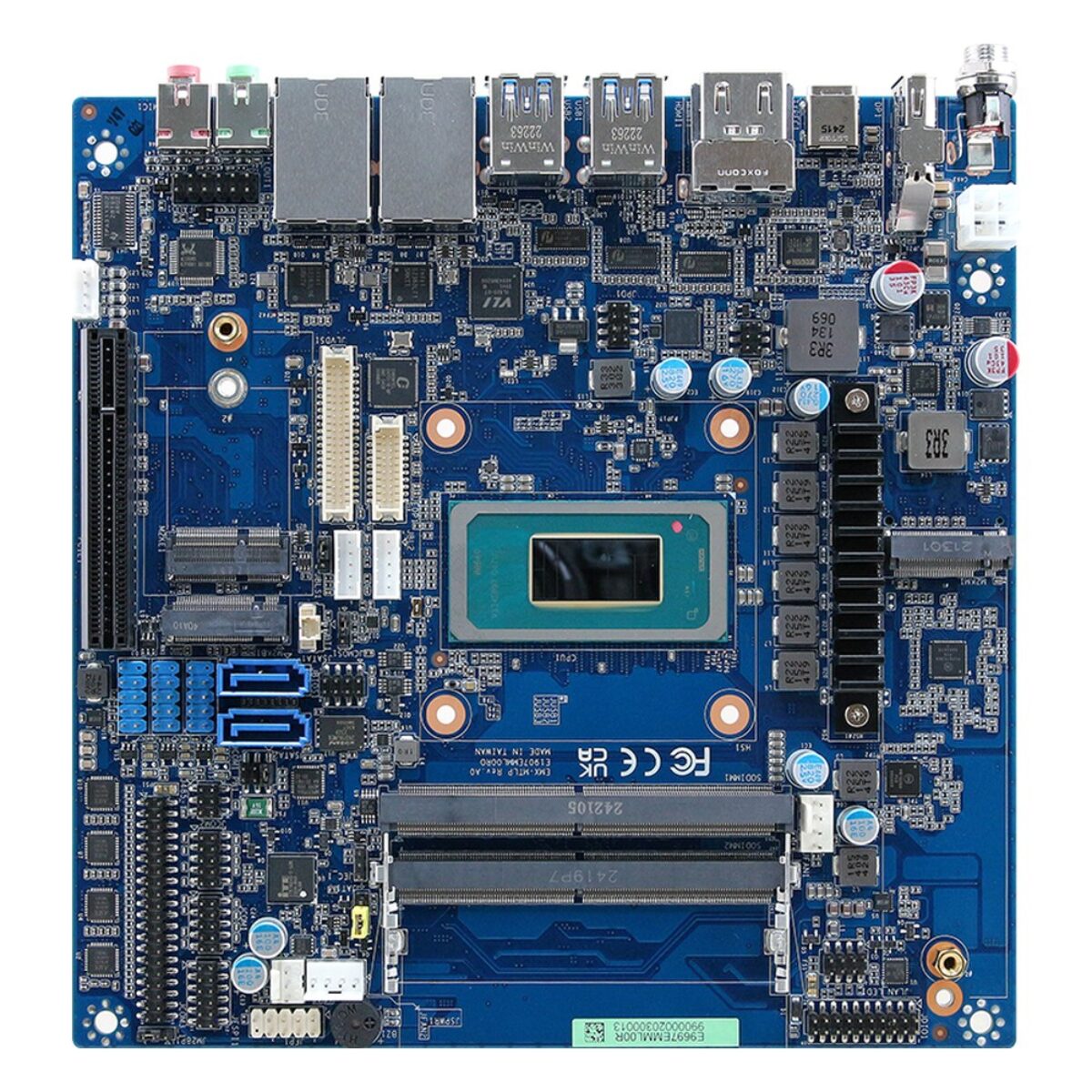 Avalue EMX-MTLP Thin Mini-ITX motherboard, top side with bare processor, VRM heatsink, two SO-DIMM slots and PCIe slot