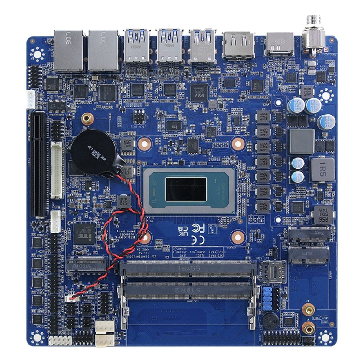 Avalue EMX-PTLP Thin Mini-ITX motherboard, top side with bare processor, two SO-DIMM slots, PCIe slot, M.2 and SIM slot