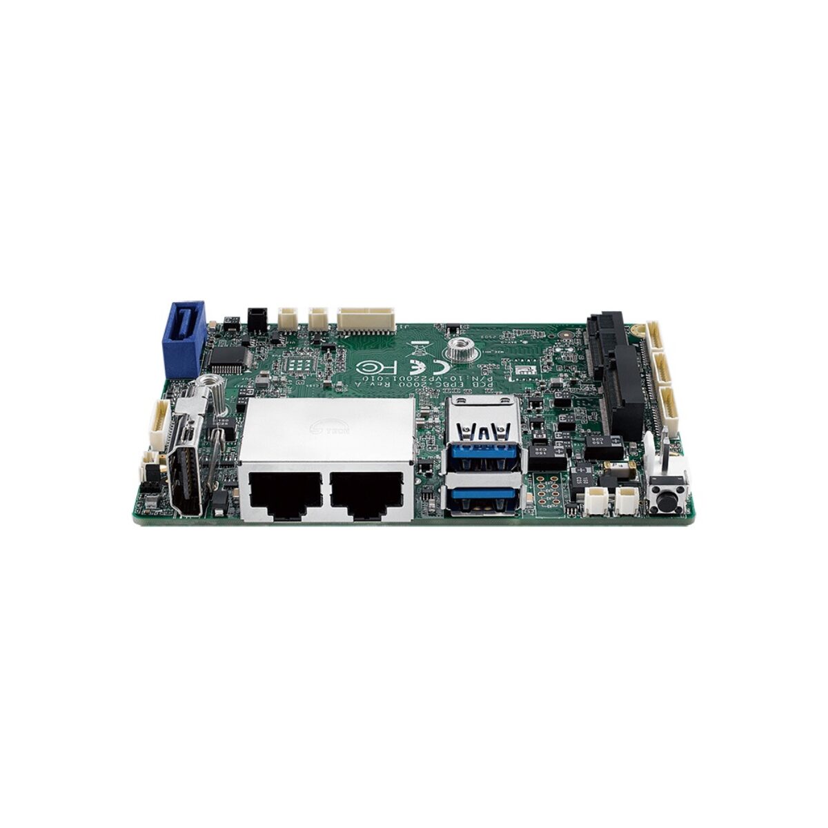 Vecow EPBC-2000 2.5" Pico-ITX SBC, front view with HDMI, dual RJ45 and two USB Type-A ports