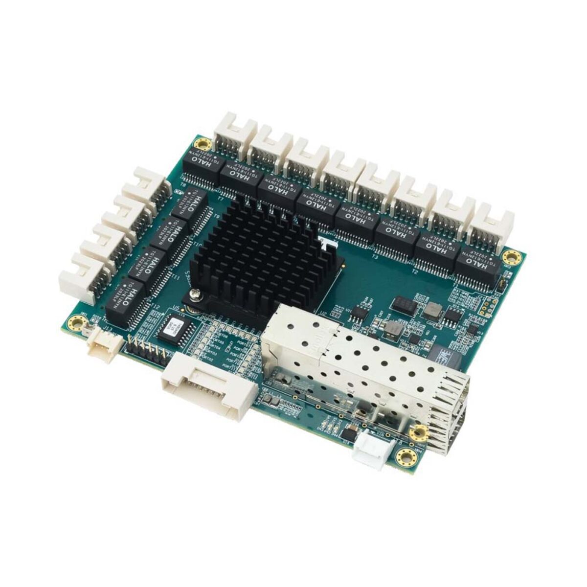 Diamond Systems EPS-12G2 Ethernet switch board, angled top view with heat sink, latching connectors and dual SFP cage