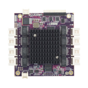 Diamond Systems EPS-8130 PC/104 Ethernet switch, top view with black heat sink and eight latching port connectors
