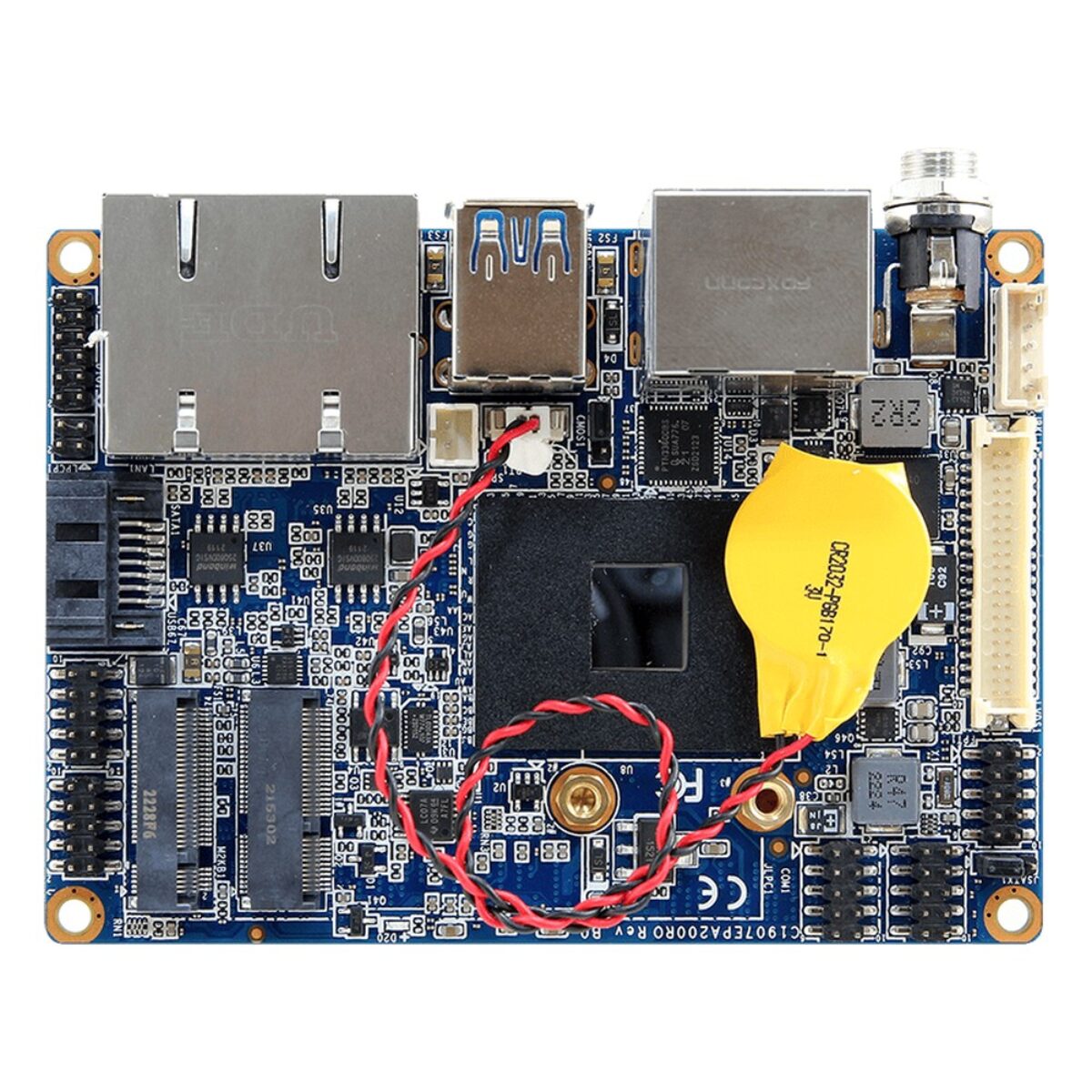 Avalue EPX-APLP 2.5" Pico-ITX SBC, top side with processor heat spreader, coin cell, two M.2 slots, SATA and pin headers