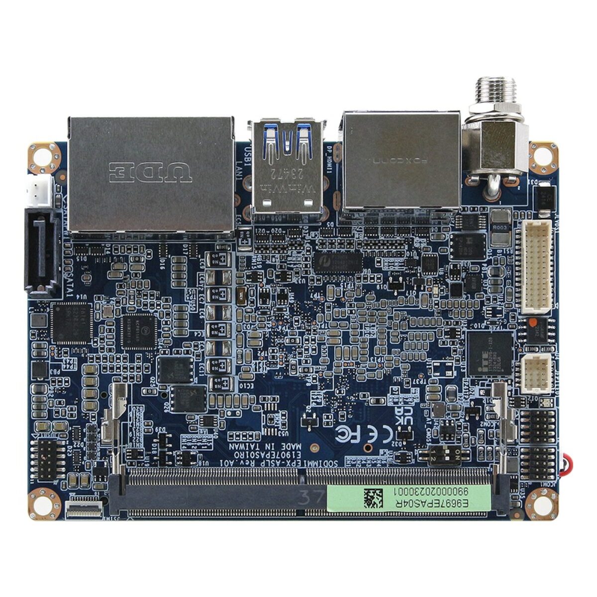 Avalue EPX-ASLP 2.5" Pico-ITX SBC, top side with SO-DIMM slot, SATA connector and dual RJ45, USB 3 and locking DC-in